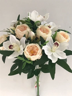 Искусственные цветы оптом.  Камелия+Орхидея с бутоном с  папоротником Д 77