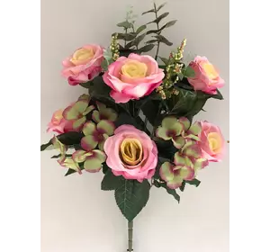 Искусственные цветы оптом Роза +гартензия с эфкалиптом не пресс